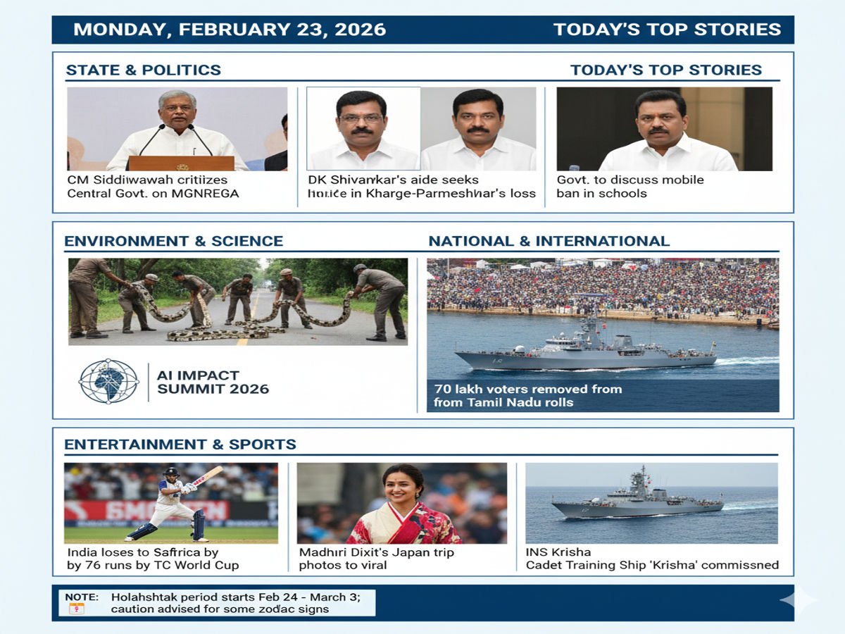 ಇಂದಿನ ಪ್ರಮುಖ ಸುದ್ದಿಗಳ ಮುಖ್ಯಾಂಶಗಳು ಇಲ್ಲಿವೆ