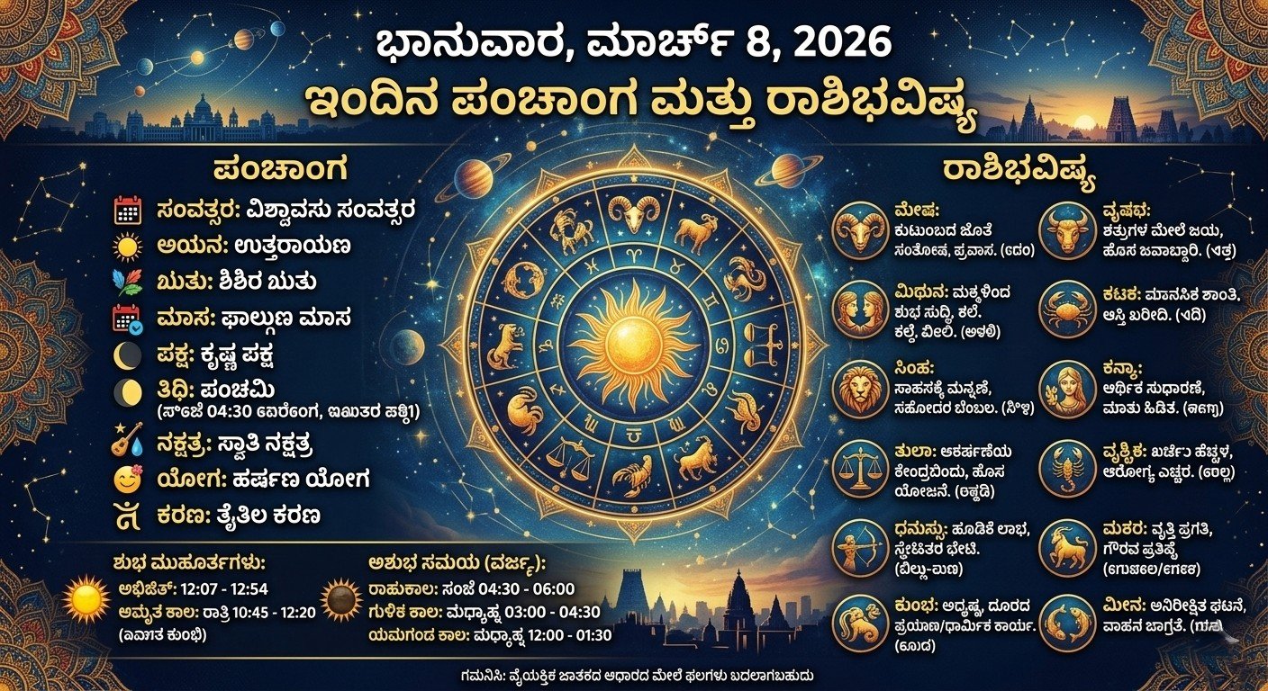 ಮಾರ್ಚ್ 8, 2026 ರ ಪಂಚಾಂಗ ಮತ್ತು ರಾಶಿಭವಿಷ್ಯದ ವಿವರಗಳು